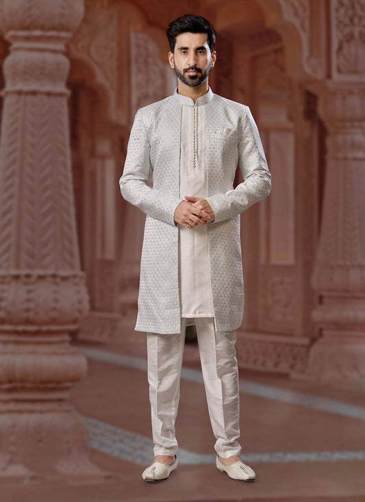 Machine Embroidery Dupion Silk, Jacquard Grey, Off White Indo Western Sherwani - M7141