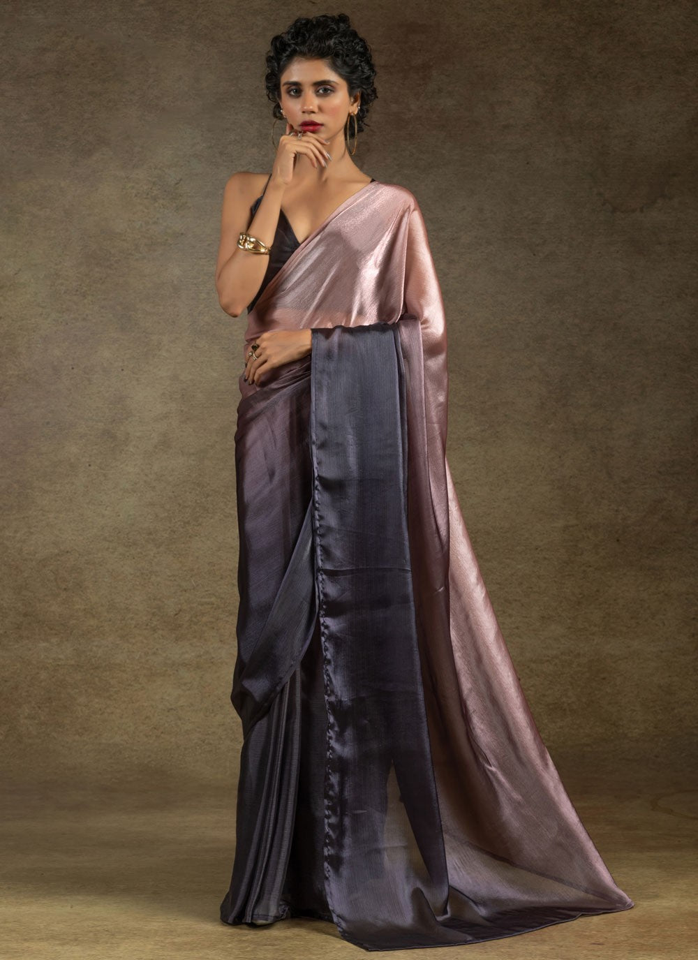 Plain Satin Silk Grey Contemporary Saree S15441