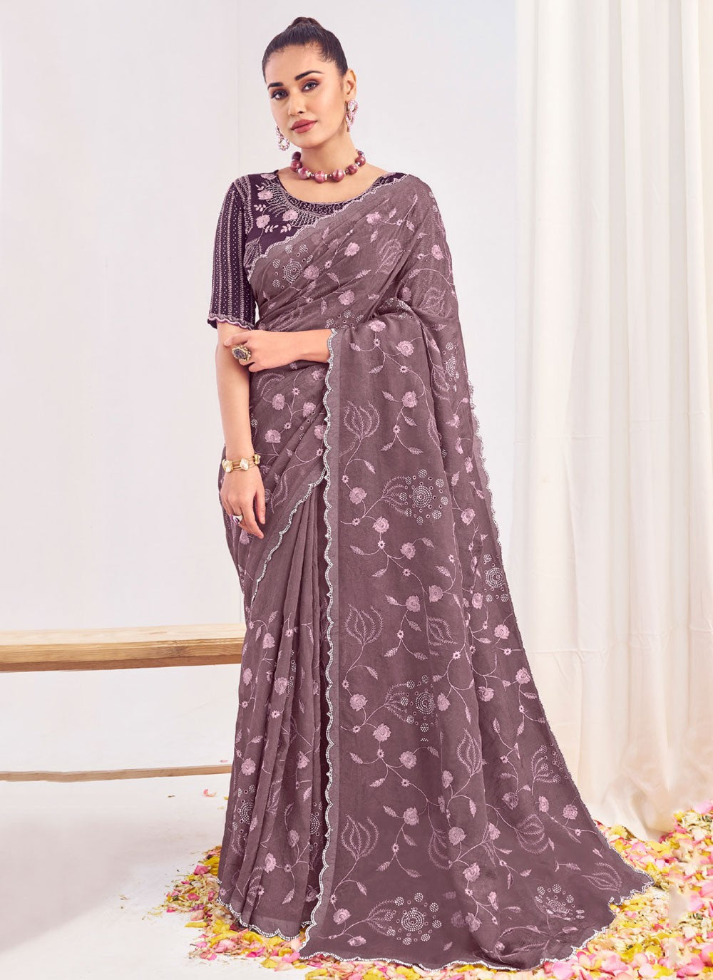 Traditional Cut Work Grey, Purple Silk S12576