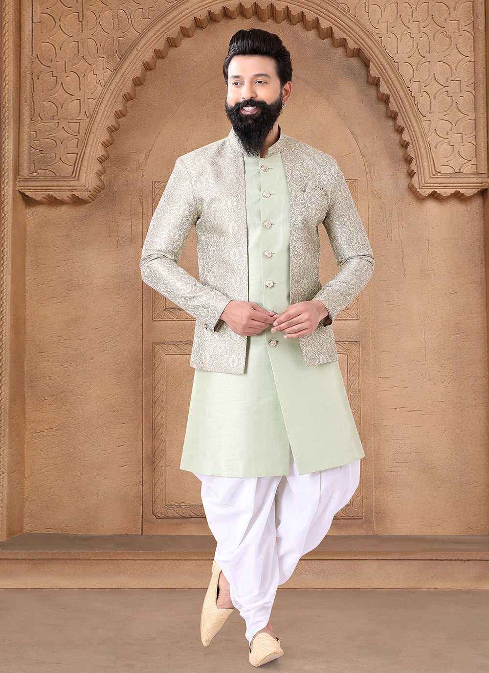 Embroidered Silk Grey, Sea Green Sherwani - M7639