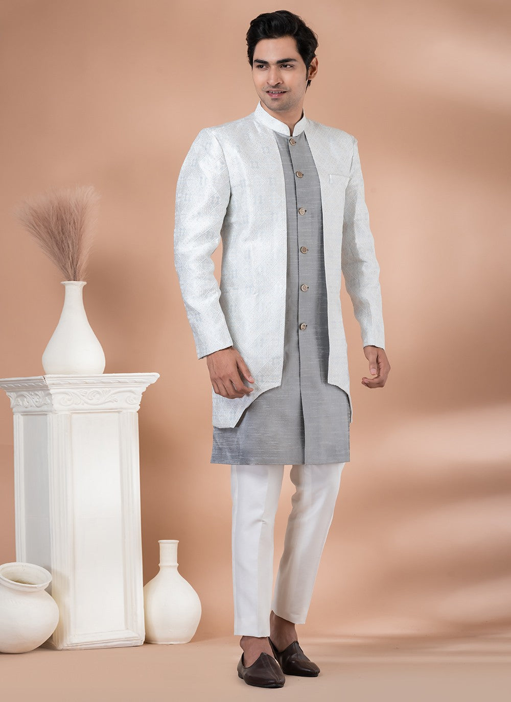 Plain Dupion Silk, Jacquard Grey, Silver Indo Western - M7043