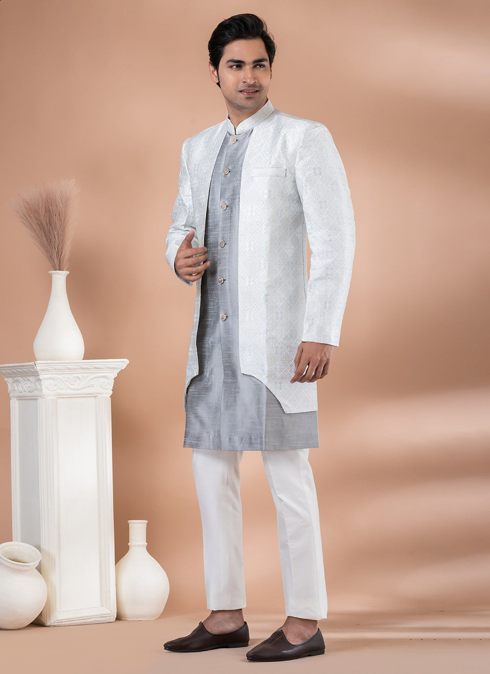 Plain Dupion Silk, Jacquard Grey, Silver Indo Western - M7043