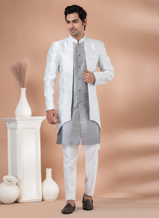 Plain Dupion Silk, Jacquard Grey, Silver Indo Western - M7043