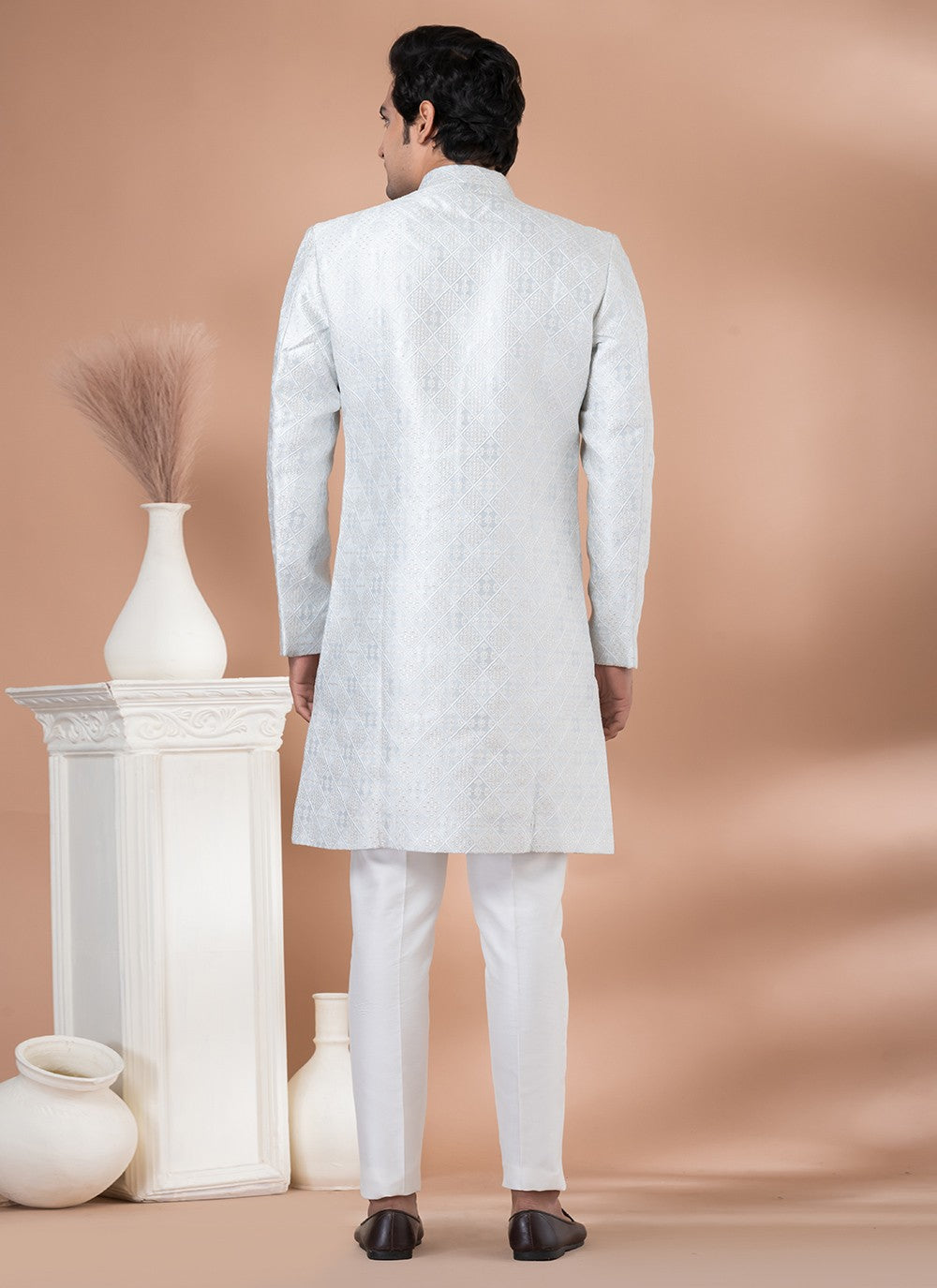 Plain Dupion Silk, Jacquard Grey, Silver Indo Western - M7043
