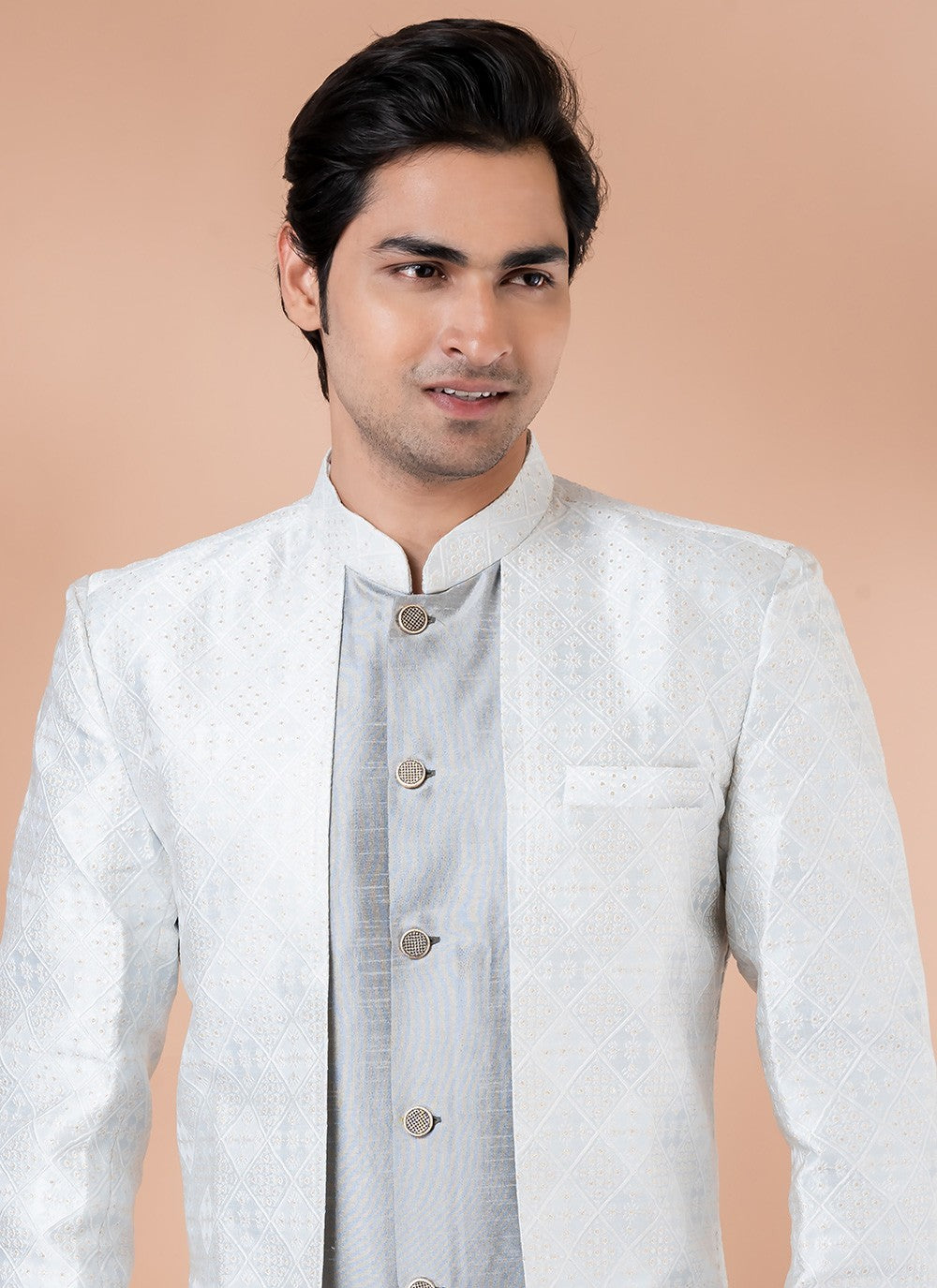 Plain Dupion Silk, Jacquard Grey, Silver Indo Western - M7043