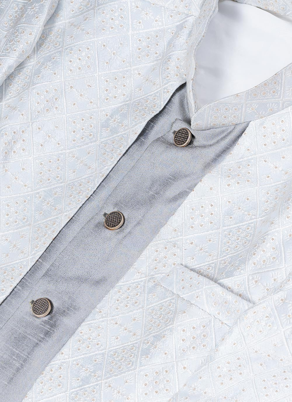 Plain Dupion Silk, Jacquard Grey, Silver Indo Western - M7043