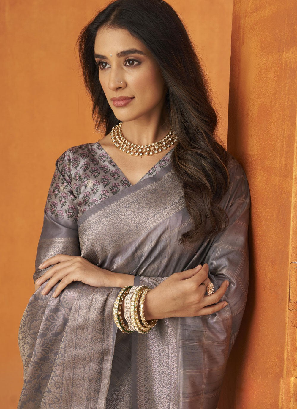 Traditional Weaving Zari Grey, Silver Silk Saree S13502