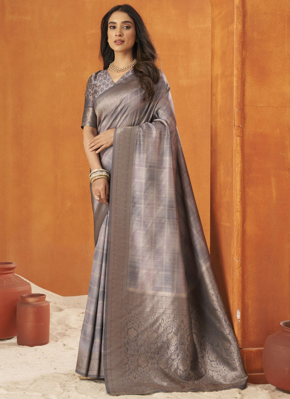 Traditional Weaving Zari Grey, Silver Silk Saree S13502