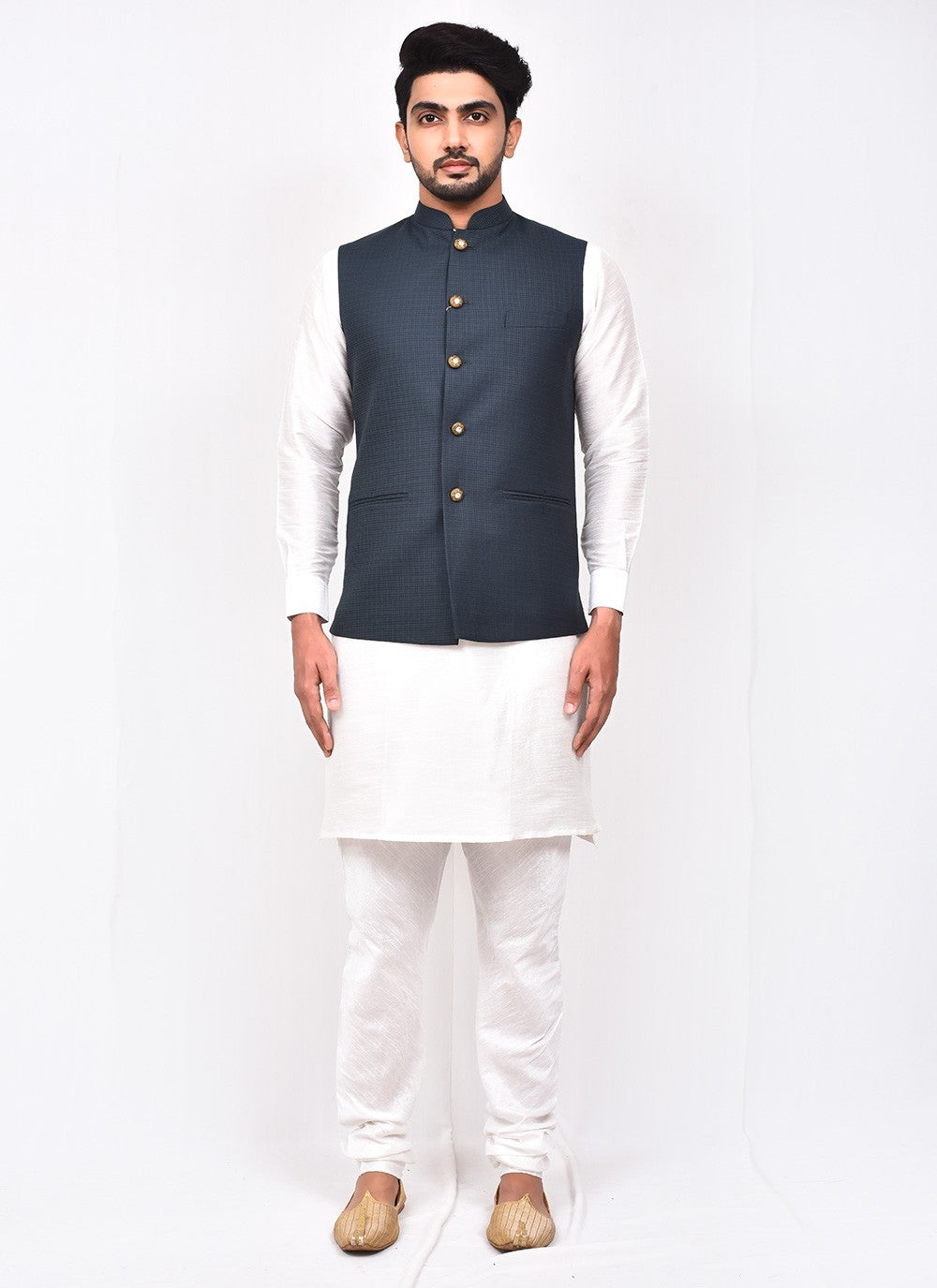 Buttons Art Silk, Rayon Grey, White Kurta Payjama With Jacket - M3271