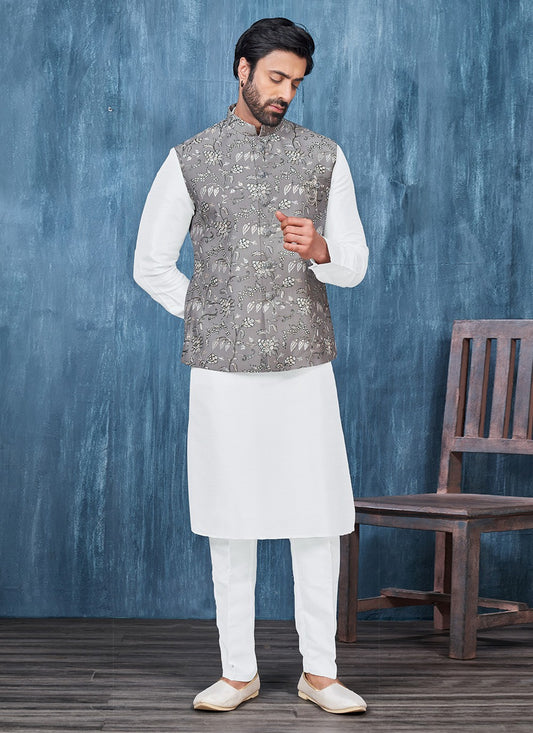 Embroidered Banarasi Silk Grey, White Kurta Payjama With Jacket - M6421
