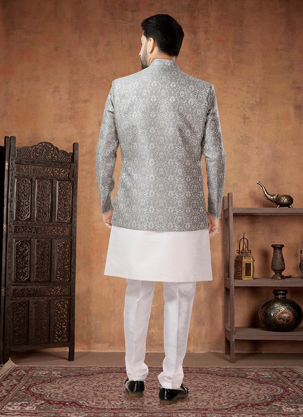 Embroidered Jacquard, Silk Grey, White Indo Western - M7031