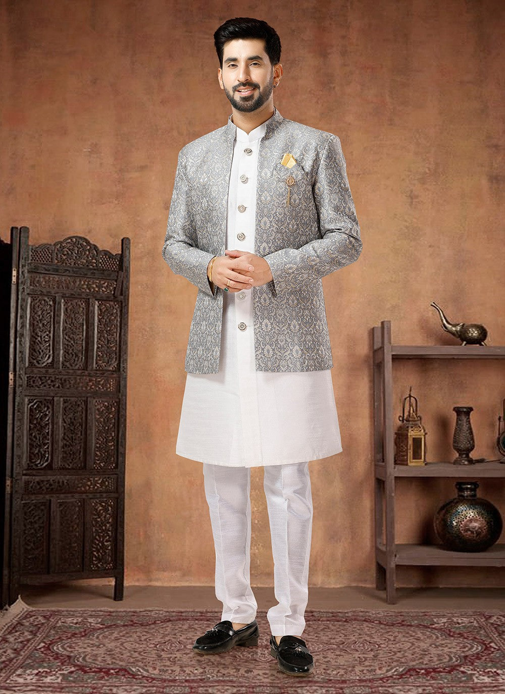 Embroidered Jacquard, Silk Grey, White Indo Western - M7031