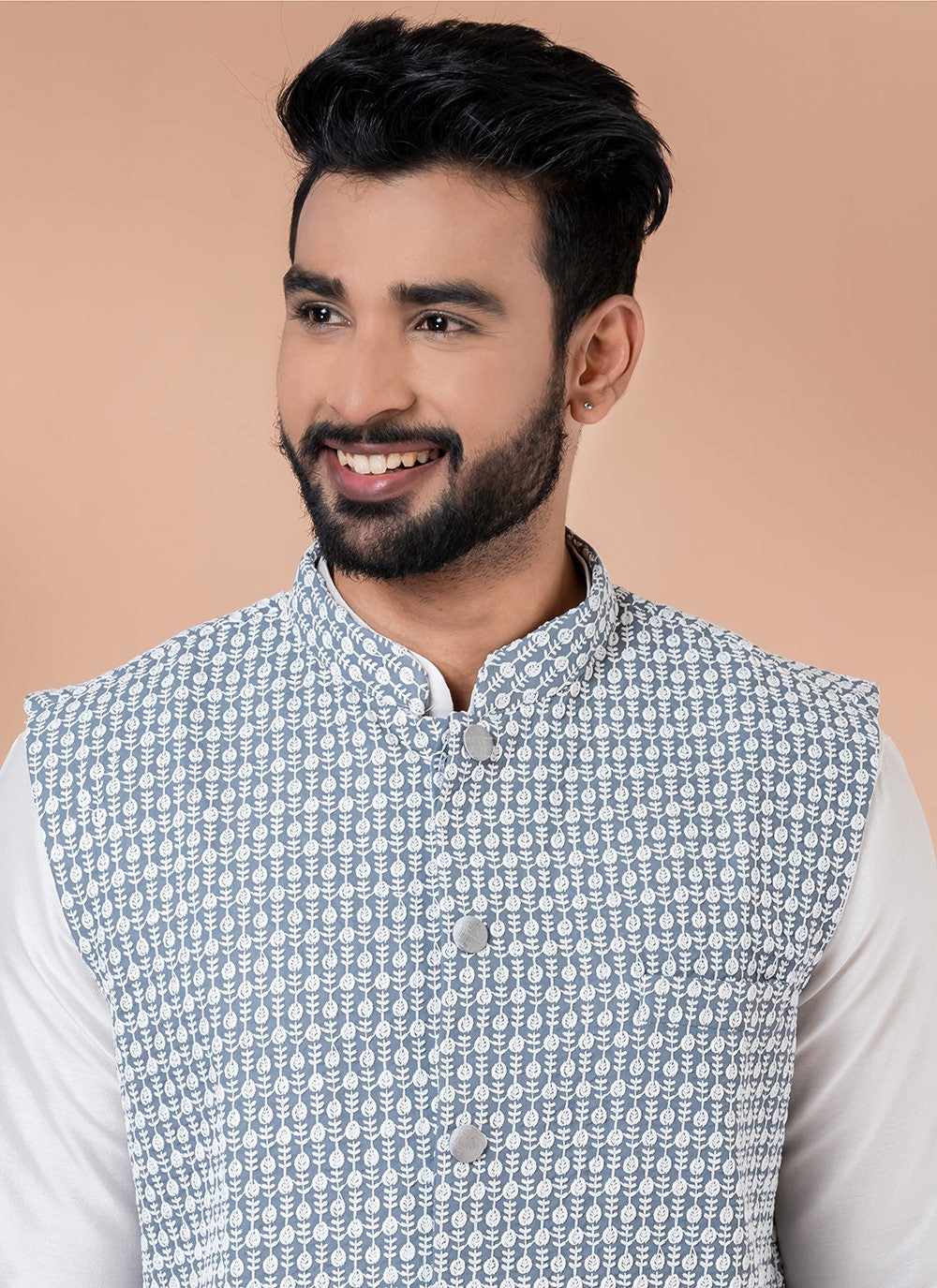 Embroidered Georgette, Viscose Grey, White Kurta Payjama With Jacket - M7739