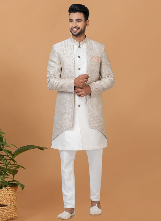 Fancy Work Dupion Silk, Jacquard Silk Grey, White Indo Western Sherwani - M6003