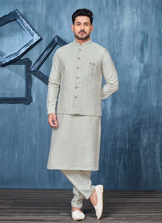 Embroidered Banarasi Silk Grey Kurta Payjama With Jacket - M6309