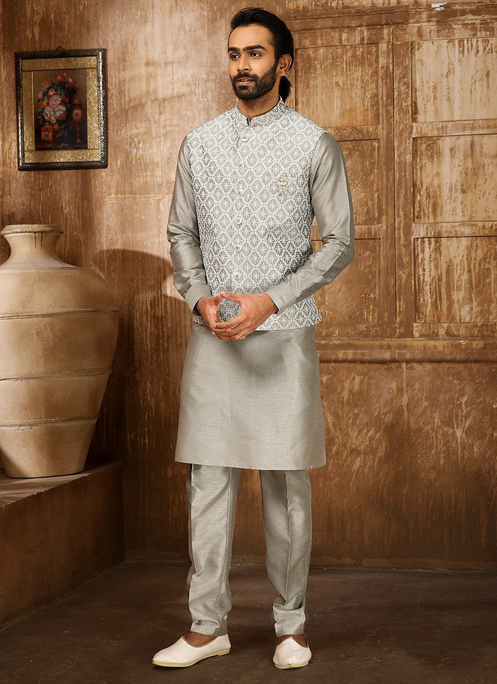 Embroidered Banarasi Silk Grey Kurta Payjama With Jacket - M4265