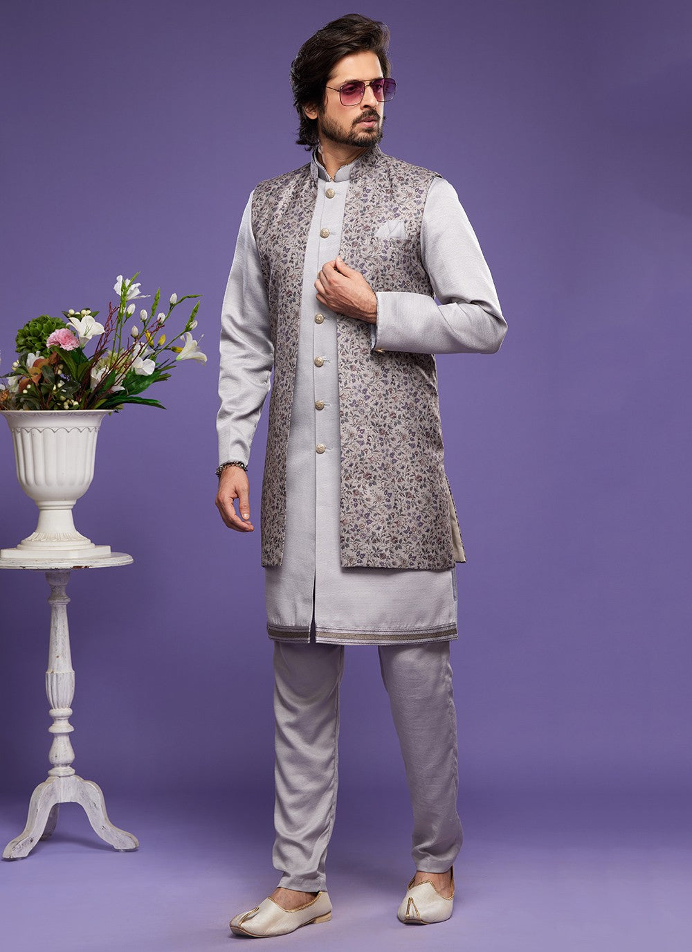 Digital Print Banarasi Silk Grey Kurta Payjama With Jacket - M6061