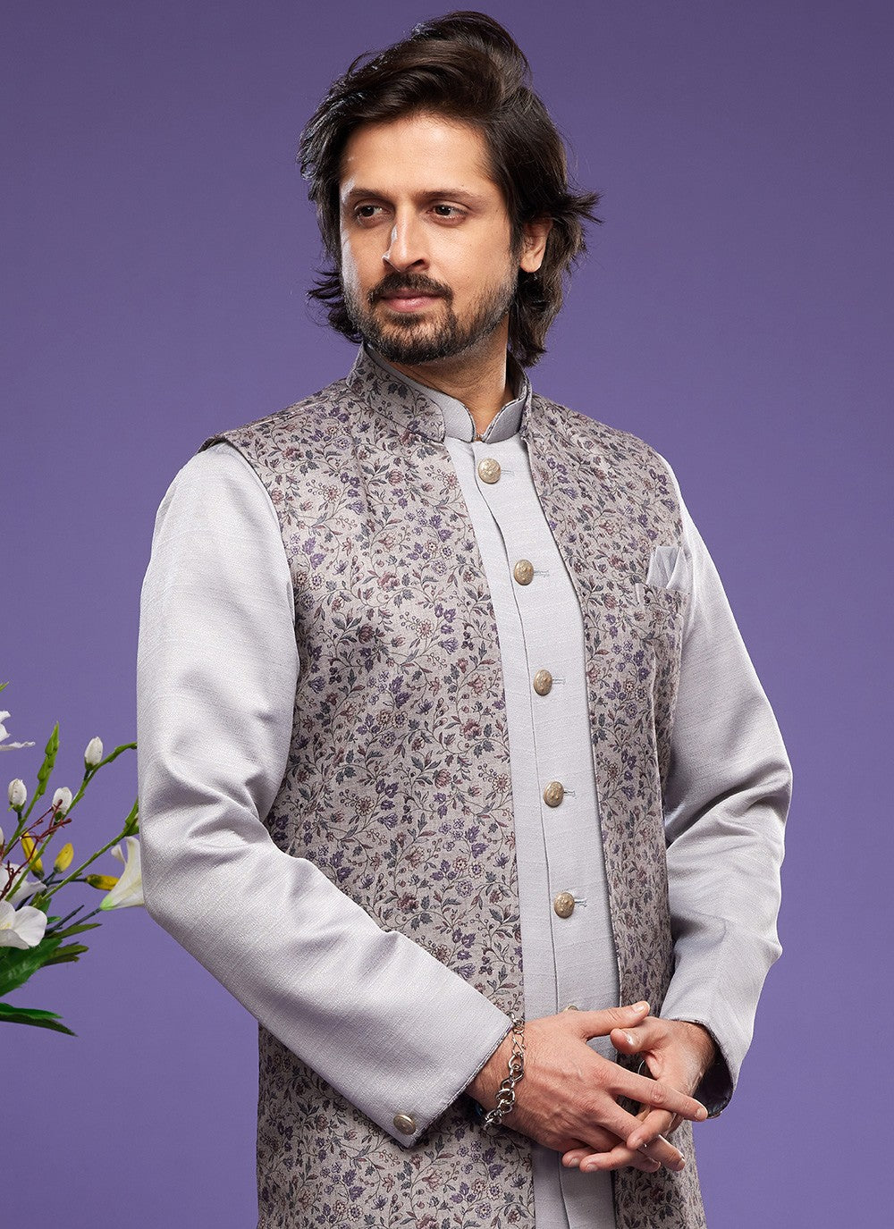Digital Print Banarasi Silk Grey Kurta Payjama With Jacket - M6061