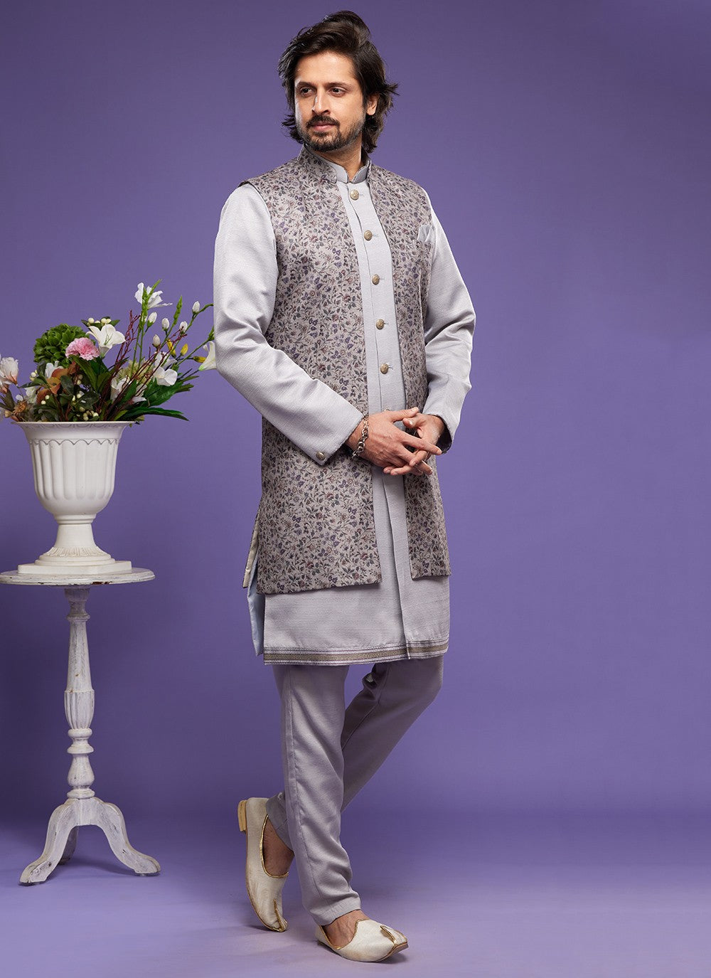 Digital Print Banarasi Silk Grey Kurta Payjama With Jacket - M6061