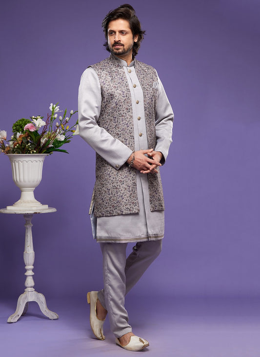Digital Print Banarasi Silk Grey Kurta Payjama With Jacket - M6061