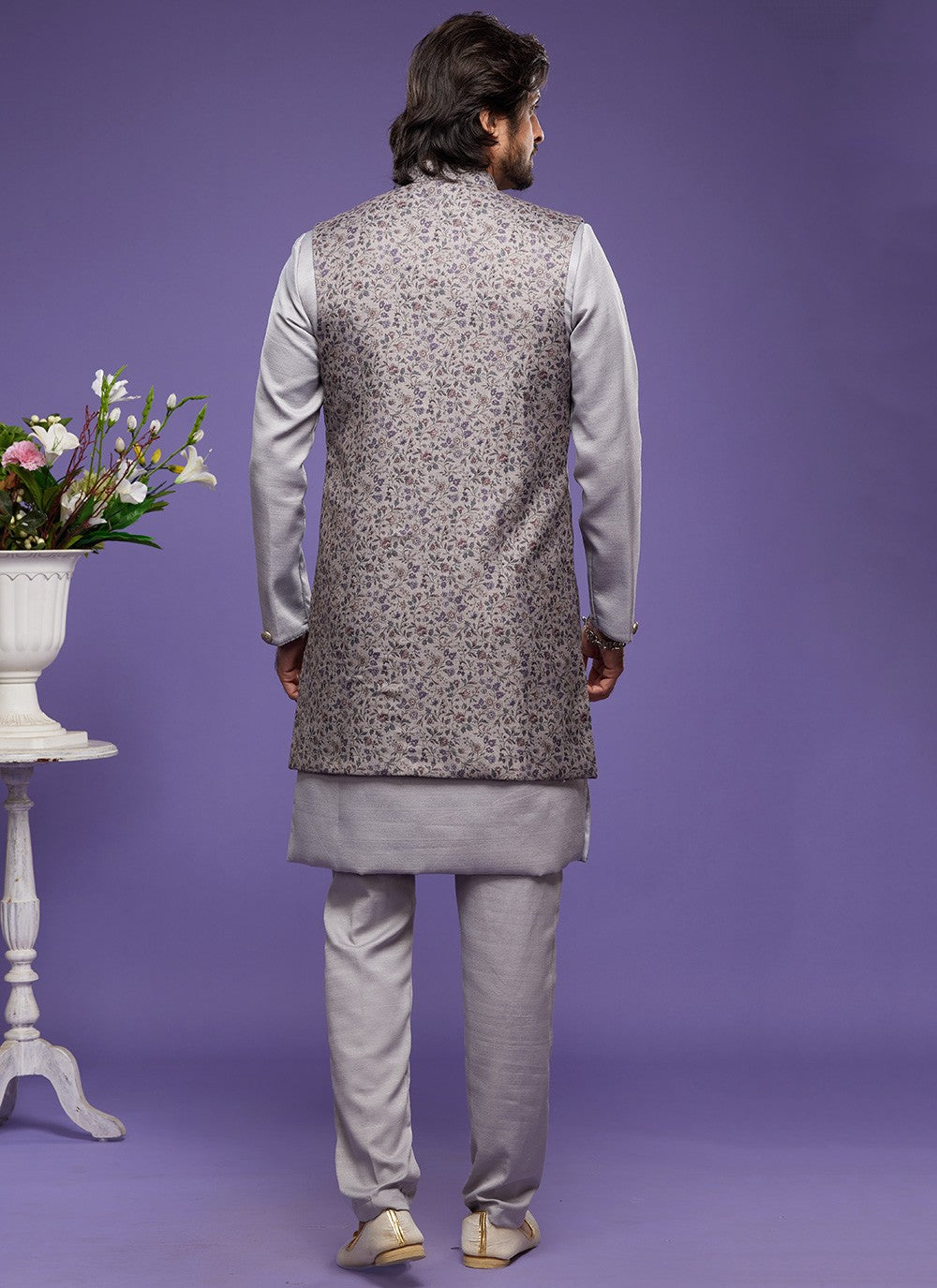 Digital Print Banarasi Silk Grey Kurta Payjama With Jacket - M6061