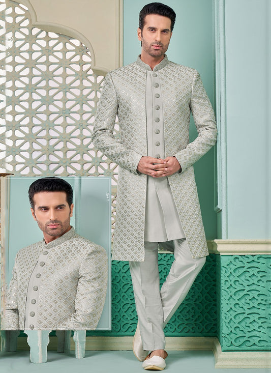 Embroidered Banarasi Silk Grey Indo Western - M7296