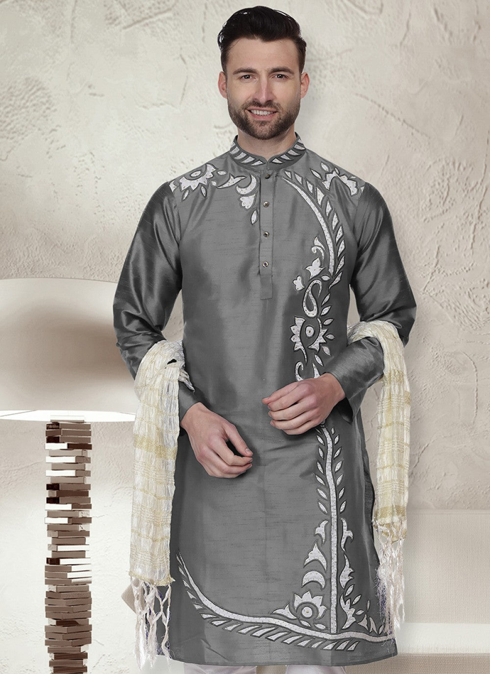 Embroidered Art Dupion Silk Grey Kurta - M1482