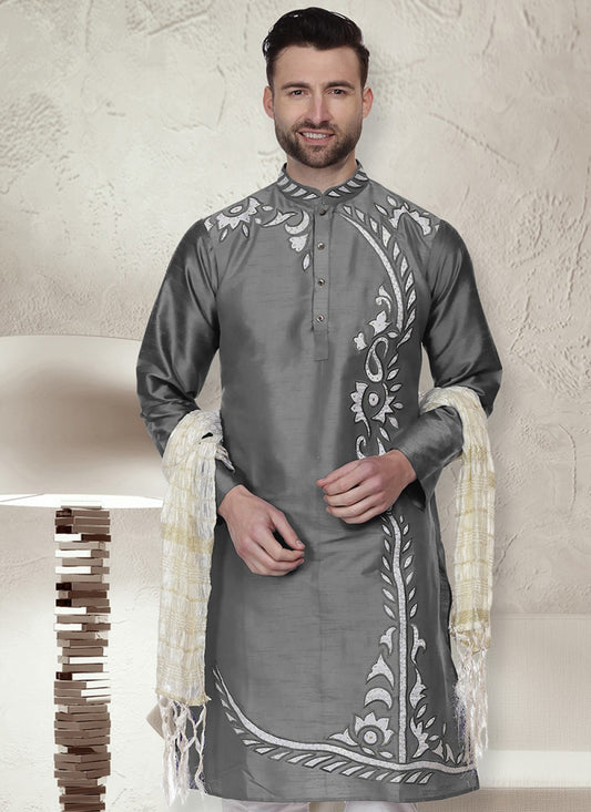 Embroidered Art Dupion Silk Grey Kurta - M1482