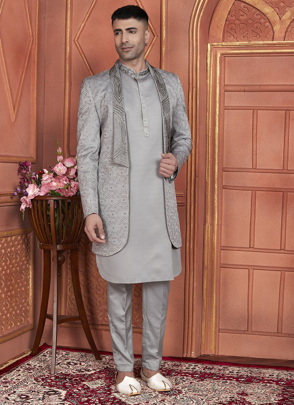 Machine Embroidery Art Silk Grey Indo Western - M7349
