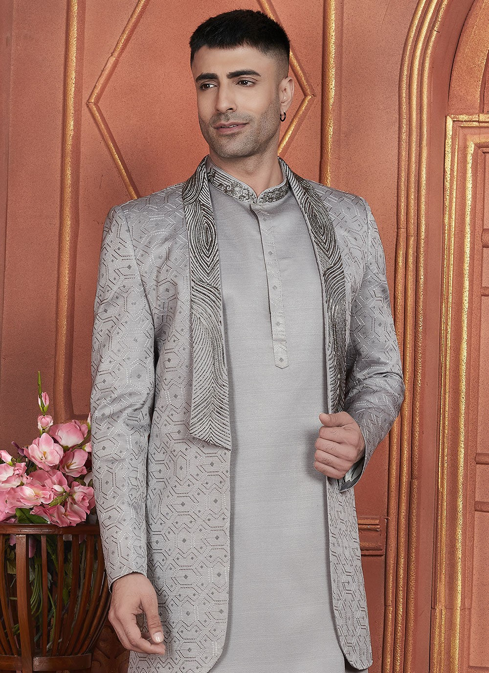Machine Embroidery Art Silk Grey Indo Western - M7349