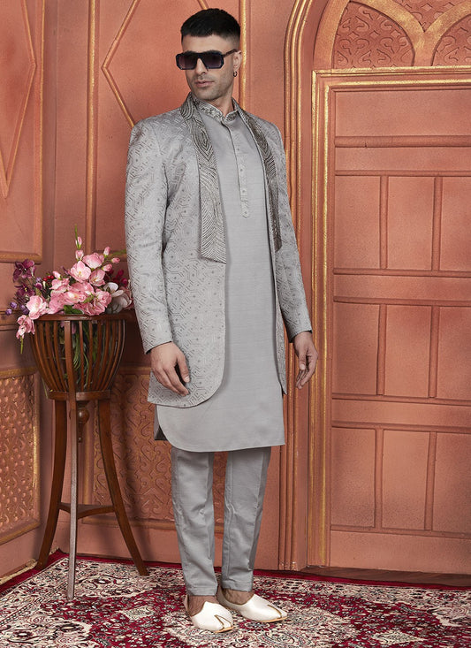 Machine Embroidery Art Silk Grey Indo Western - M7349
