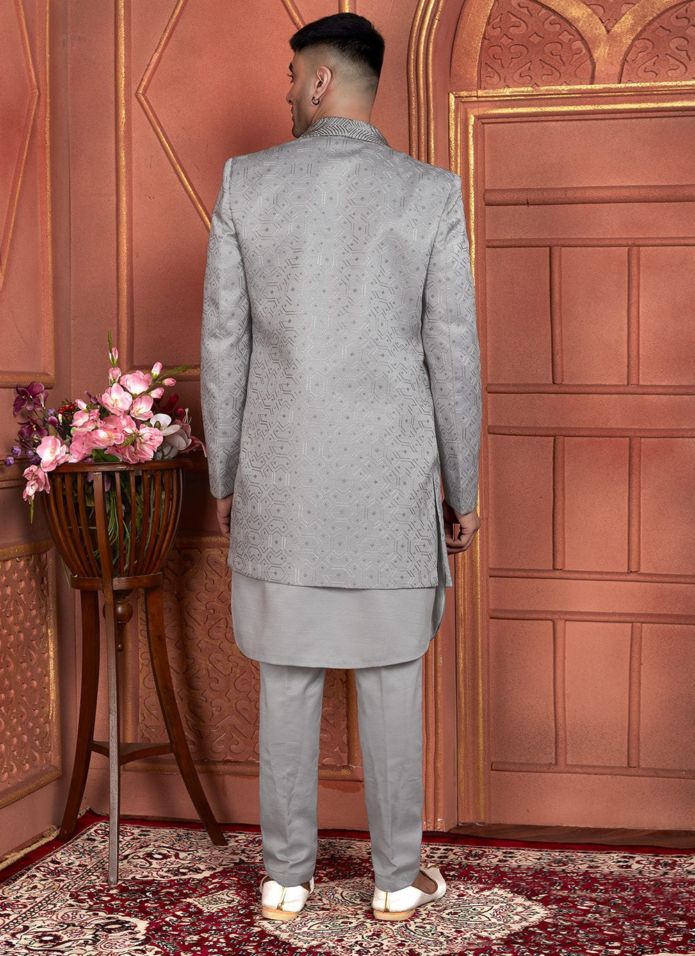 Machine Embroidery Art Silk Grey Indo Western - M7349