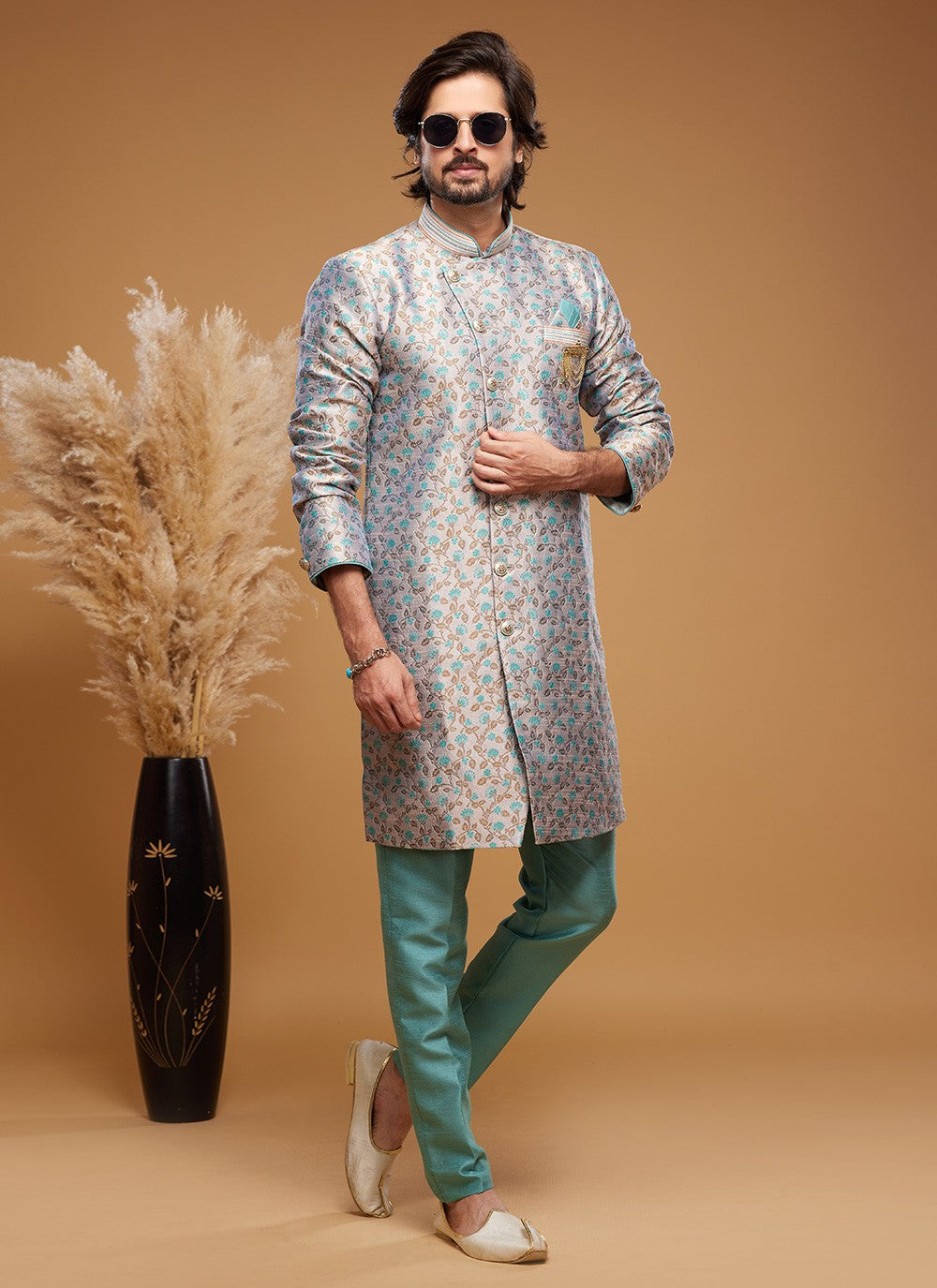 Embroidered Banarasi Jacquard Grey Indo Western - M6012