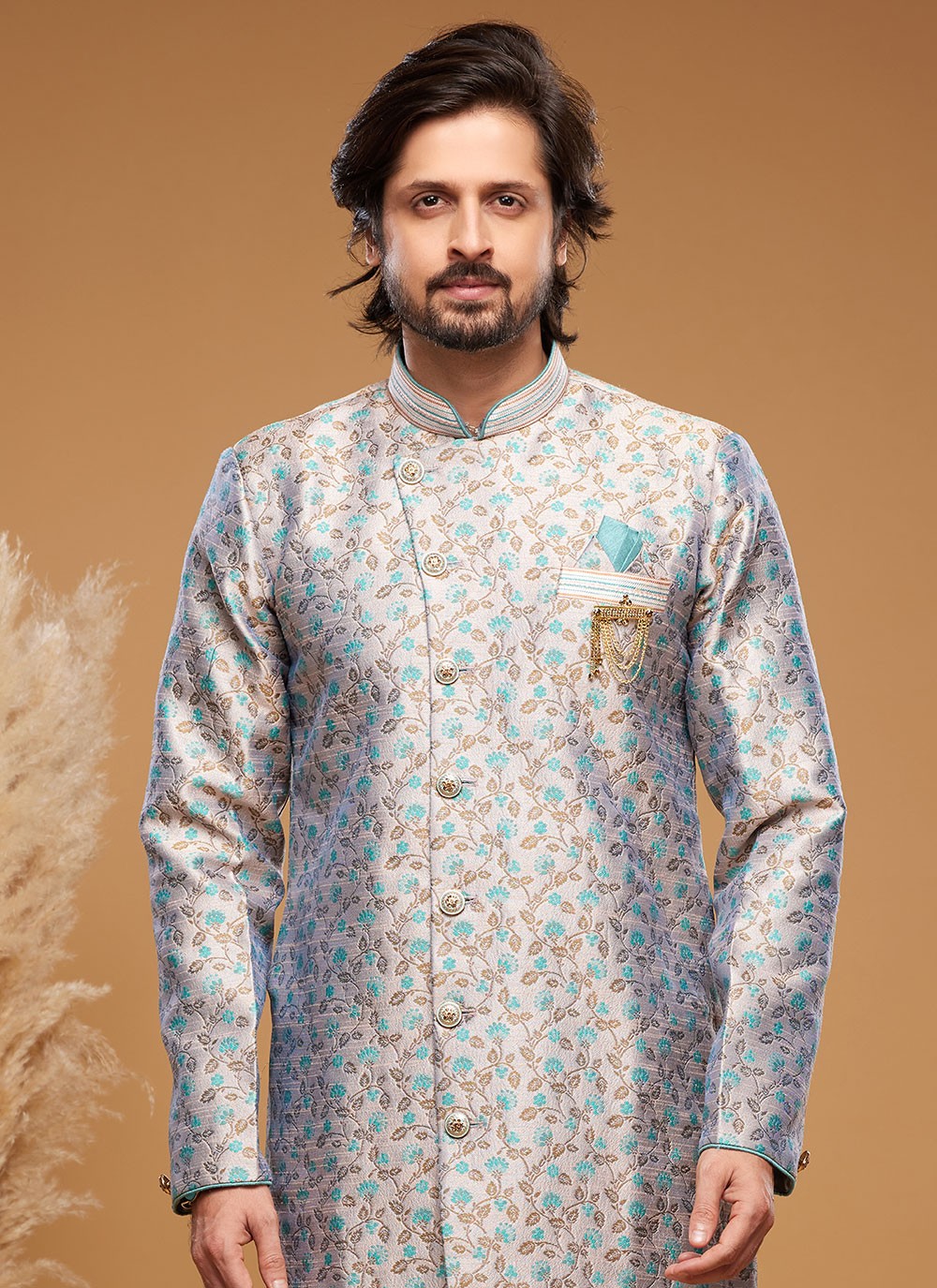 Embroidered Banarasi Jacquard Grey Indo Western - M6012