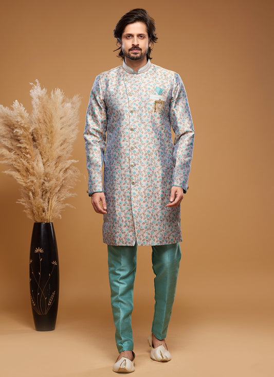 Embroidered Banarasi Jacquard Grey Indo Western - M6012
