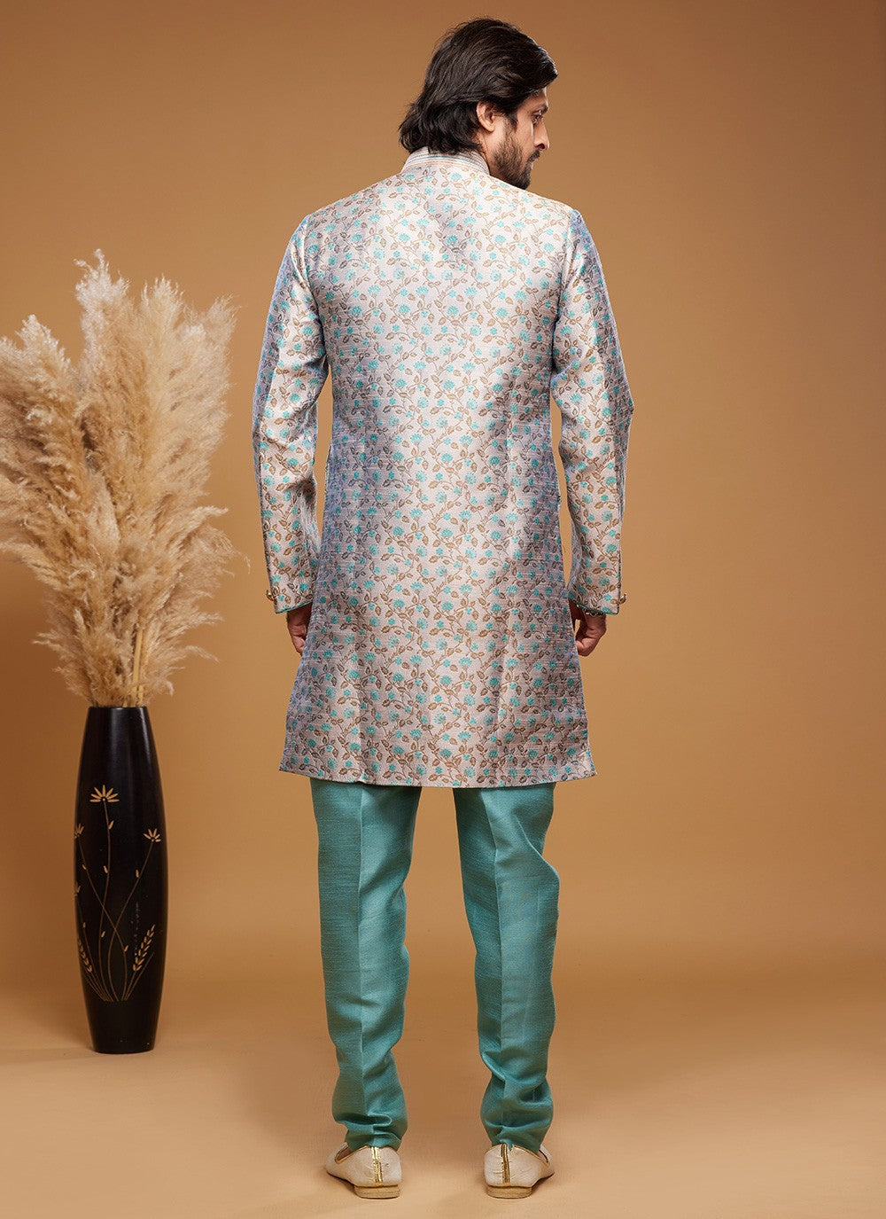 Embroidered Banarasi Jacquard Grey Indo Western - M6012