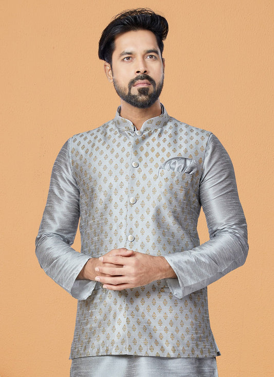 Printed Banarasi Silk Grey Nehru Jackets - M7490