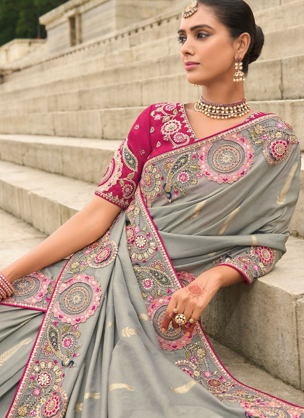 Trendy Saree Buttis Grey Silk S13027