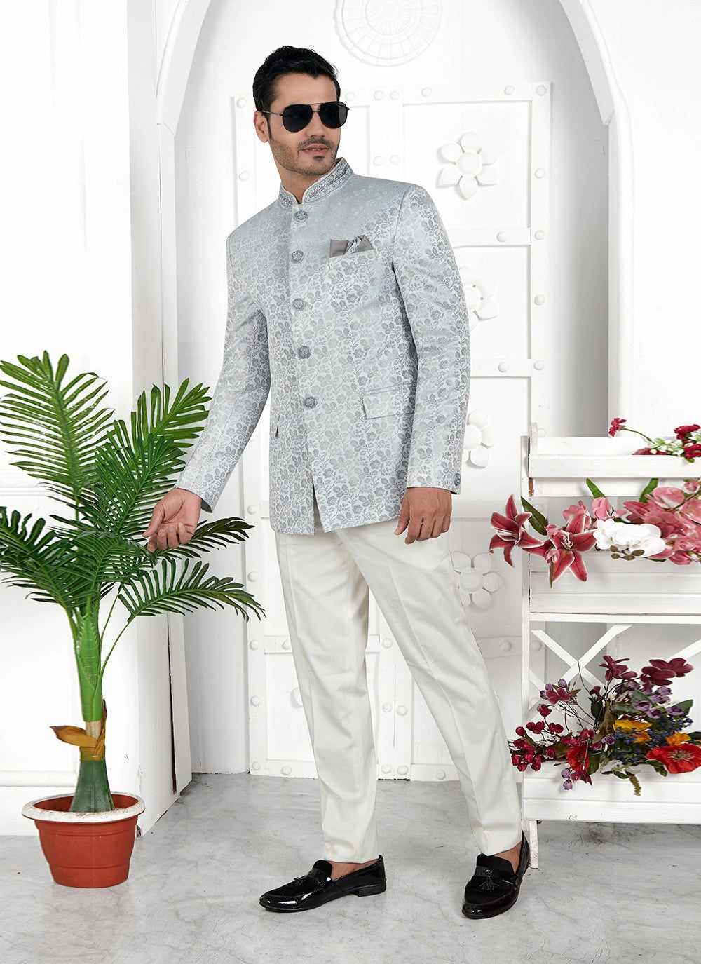 Buttons Jacquard Silk Grey Jacket Style - M6639