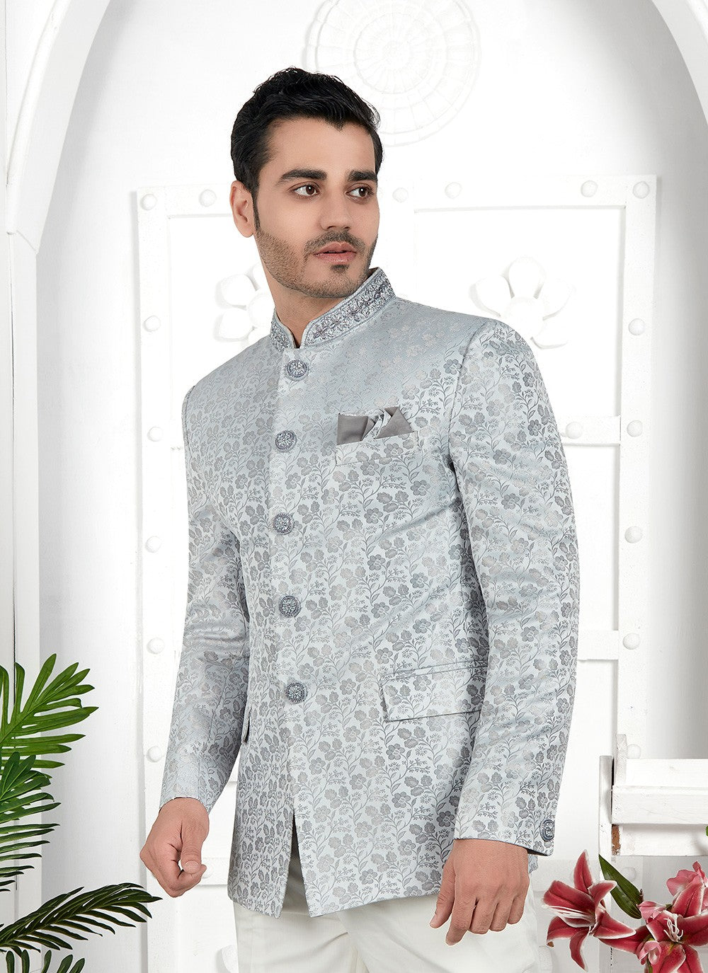 Buttons Jacquard Silk Grey Jacket Style - M6639