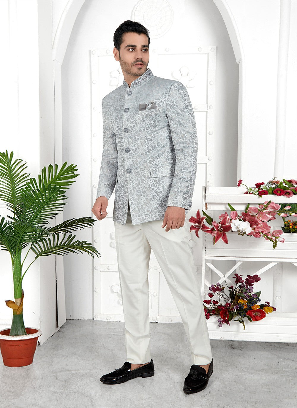Buttons Jacquard Silk Grey Jacket Style - M6639