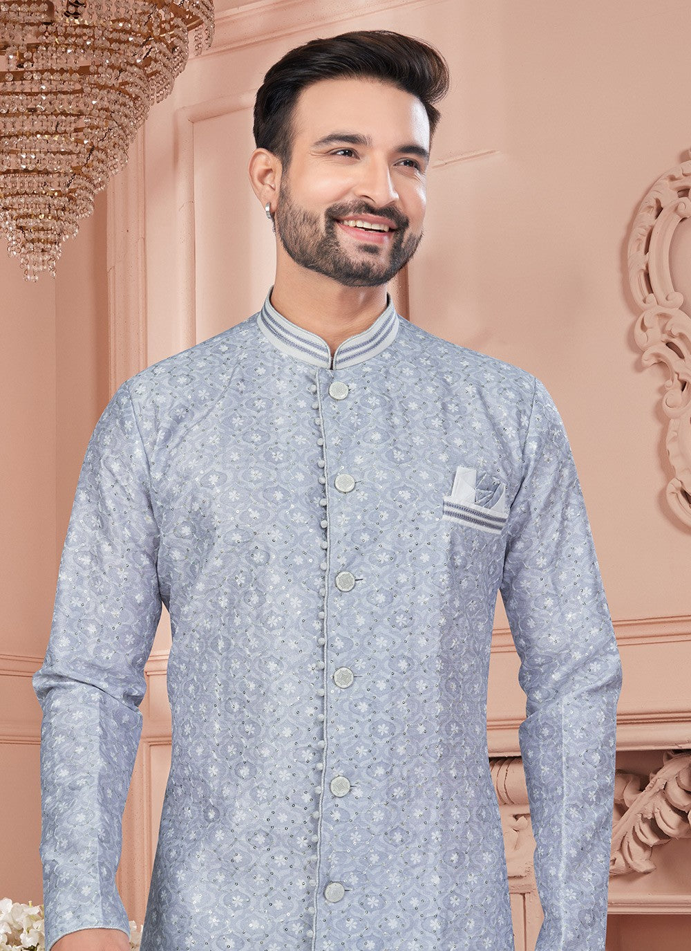 Buttons Silk Grey Indo Western Sherwani - M8609