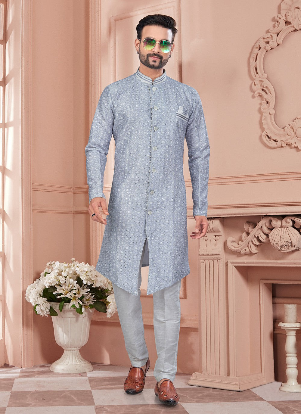 Buttons Silk Grey Indo Western Sherwani - M8609