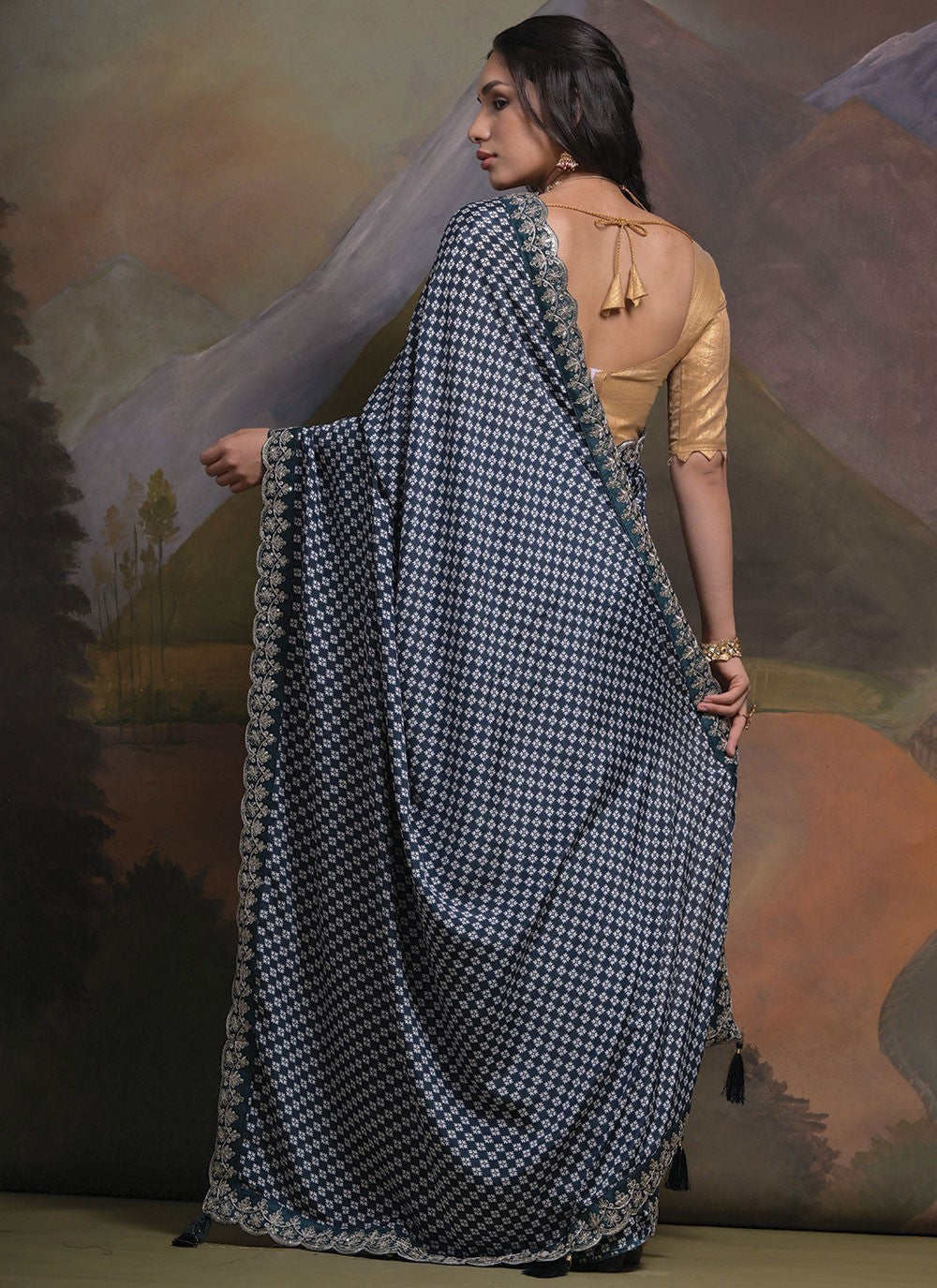 Trendy Border Work Chinon Saree - S4777