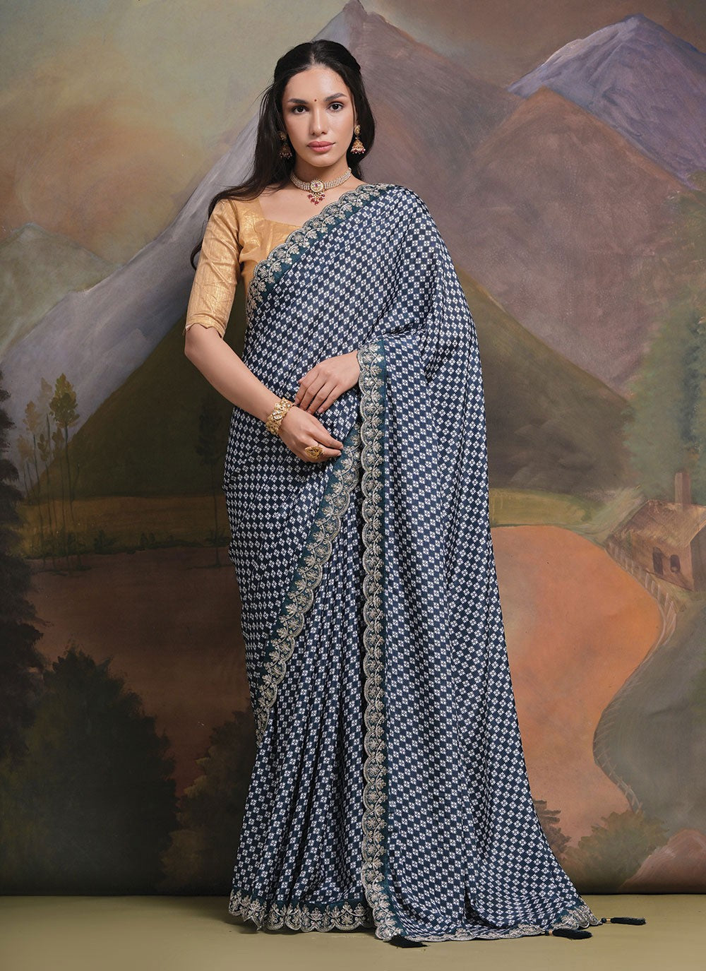 Trendy Border Work Chinon Saree - S4777