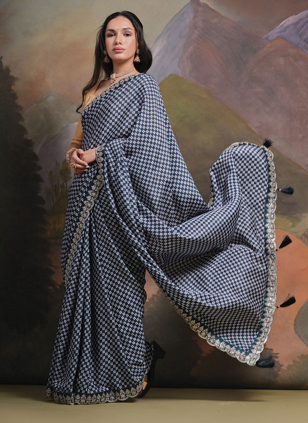 Trendy Border Work Chinon Saree - S4777