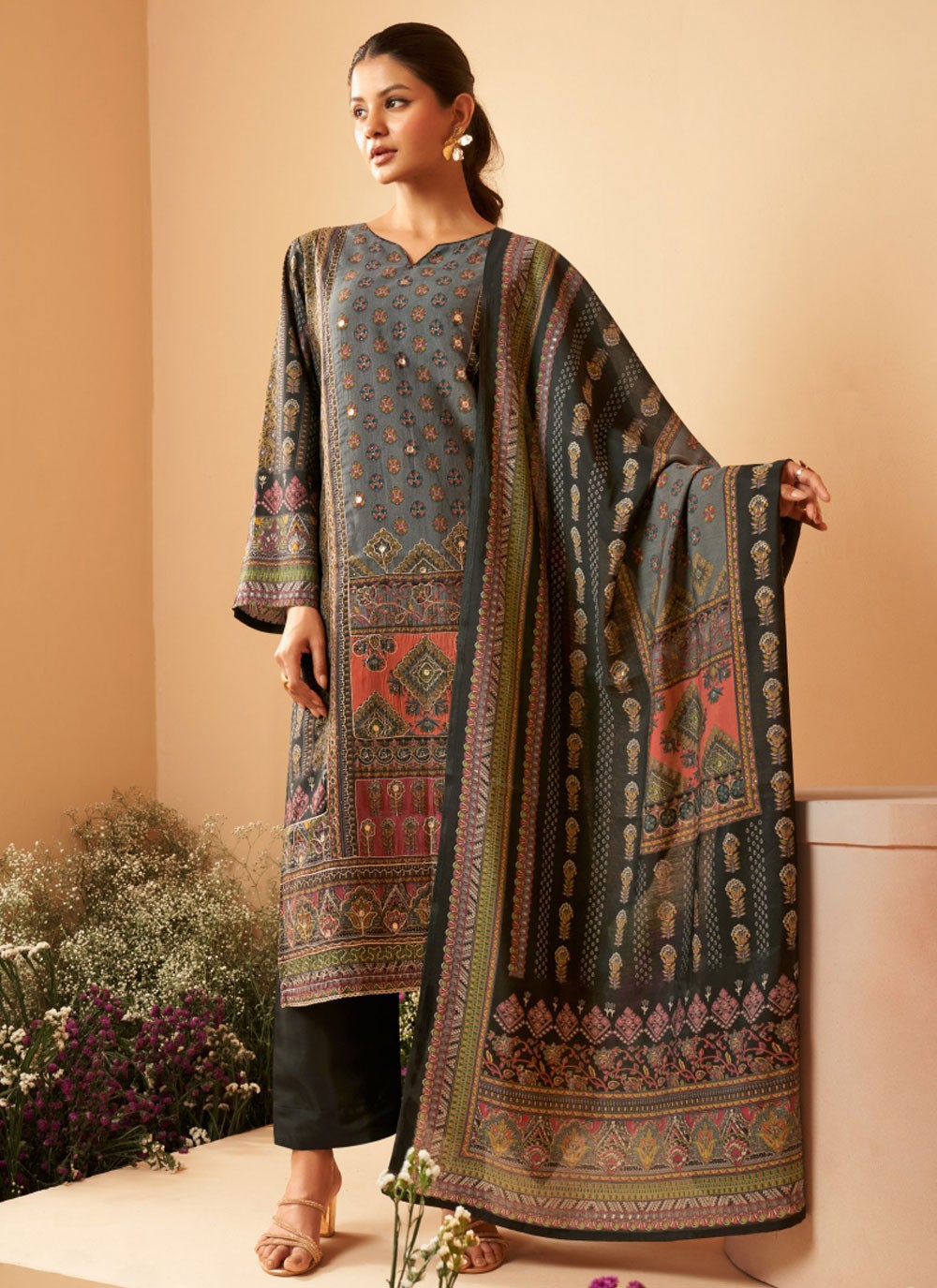 Salwar Suit Embroidered Grey Muslin T5178