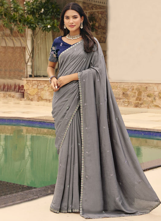 Grey Silk Classic Saree Embroidered S20220