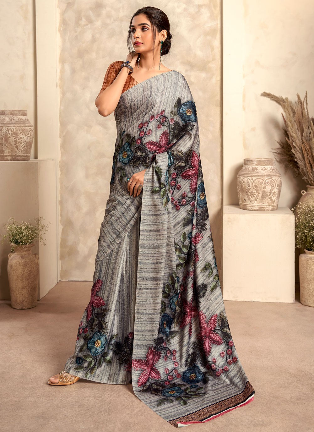 Casual Abstract Print Satin Saree - S6316