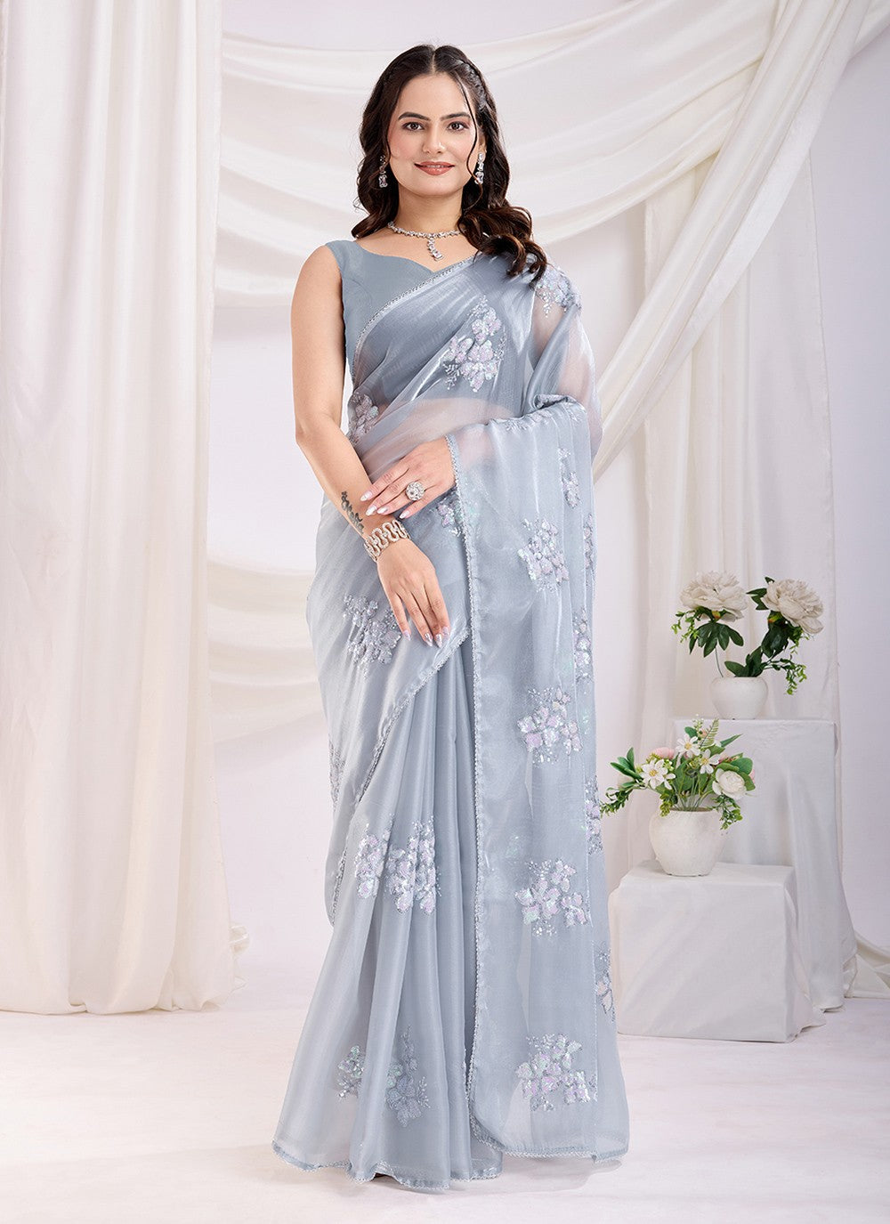 Embroidered Jimmy Chu Grey Saree S13859